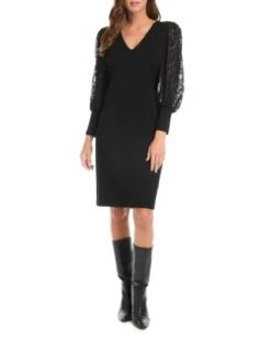 Lace Sleeve V Neck Dress - Karen Kane