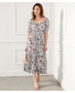 Printed Puff Sleeve Midi Dress - Karen Kane -Karen Kane 12705530 fpx