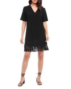 V Neck Fringe Trim Dress - Karen Kane