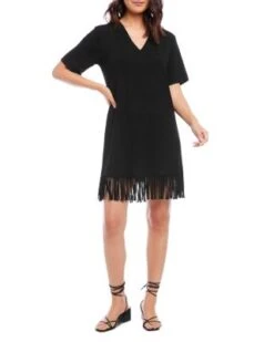 V Neck Fringe Trim Dress - Karen Kane -Karen Kane 12800307 fpx