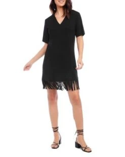 V Neck Fringe Trim Dress - Karen Kane -Karen Kane 12800308 fpx