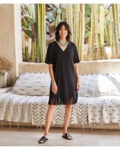 V Neck Fringe Trim Dress - Karen Kane -Karen Kane 12800310 fpx