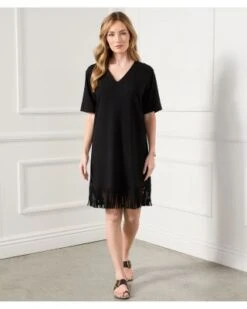 V Neck Fringe Trim Dress - Karen Kane -Karen Kane 12800312 fpx