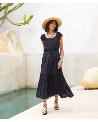 Puff Sleeve Tiered Midi Dress - Karen Kane Puff Sleeve Tiered Midi Dress - Karen Kane -Karen Kane