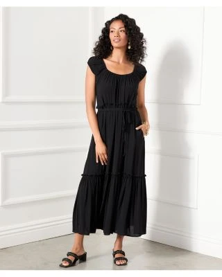 Puff Sleeve Tiered Midi Dress - Karen Kane Puff Sleeve Tiered Midi Dress - Karen Kane -Karen Kane