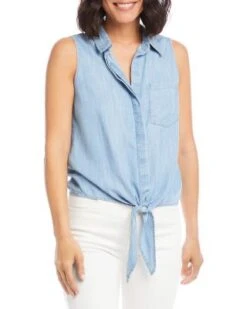 Chambray Tie Front Shirt - Karen Kane