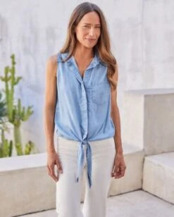 Chambray Tie Front Shirt - Karen Kane -Karen Kane 12865031 fpx