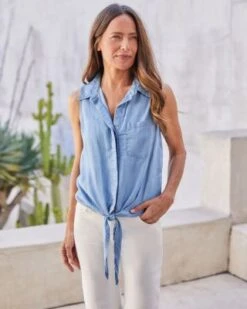 Chambray Tie Front Shirt - Karen Kane -Karen Kane 12865033 fpx
