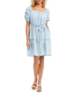 Chambray Puff Sleeve Tiered Dress - Karen Kane