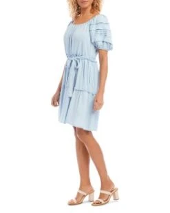 Chambray Puff Sleeve Tiered Dress - Karen Kane -Karen Kane 12885428 fpx