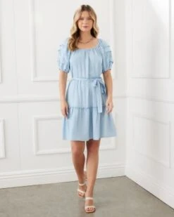 Chambray Puff Sleeve Tiered Dress - Karen Kane -Karen Kane 12885429 fpx