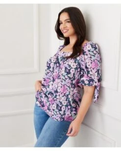 Floral Print Square Neck Top - Karen Kane Plus -Karen Kane 12916827 fpx