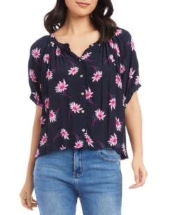 Short Sleeve Floral Print Peasant Top - Karen Kane