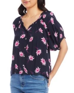 Short Sleeve Floral Print Peasant Top - Karen Kane -Karen Kane 12916835 fpx