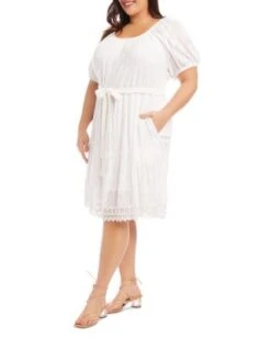 Embroidered Eyelet Puff Sleeve Dress - Karen Kane Plus -Karen Kane 12926175 fpx