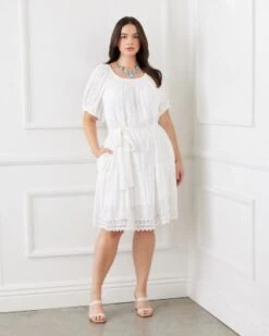 Embroidered Eyelet Puff Sleeve Dress - Karen Kane Plus -Karen Kane 12926176 fpx