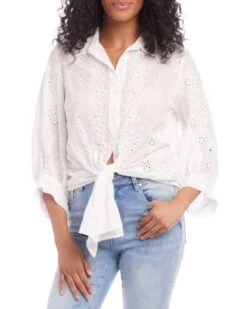 Cotton Eyelet Tie Front Blouse - Karen Kane