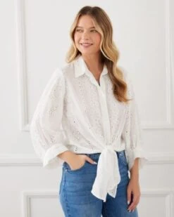 Cotton Eyelet Tie Front Blouse - Karen Kane -Karen Kane 12979955 fpx