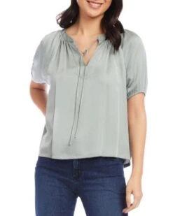 Petites Satin Short Sleeve Peasant Top - Karen Kane -Karen Kane 12980261 fpx