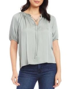 Satin Short Sleeve Peasant Top - Karen Kane -Karen Kane 12980459 fpx