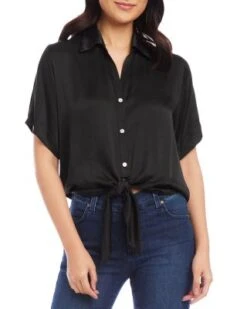 Satin Short Sleeve Tie Front Blouse - Karen Kane -Karen Kane 12980967 fpx