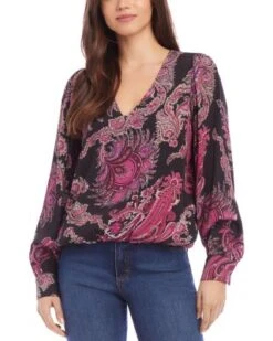 Petites Blouson Sleeve V Neck Blouse - Karen Kane