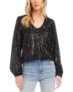 Sequined Blouson Sleeve Top - Karen Kane