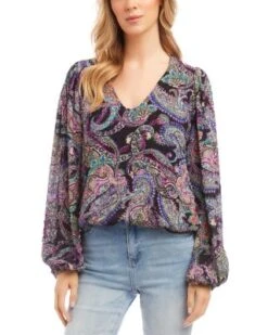 Paisley Print Blouson Top - Karen Kane