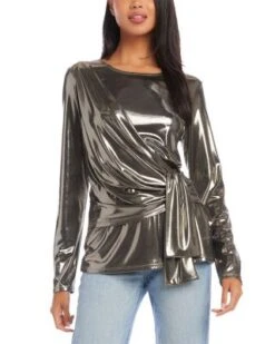 Petites Metallic Drape Front Top - Karen Kane