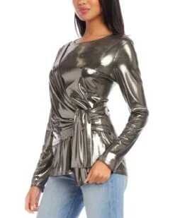 Petites Metallic Drape Front Top - Karen Kane -Karen Kane 13218126 fpx